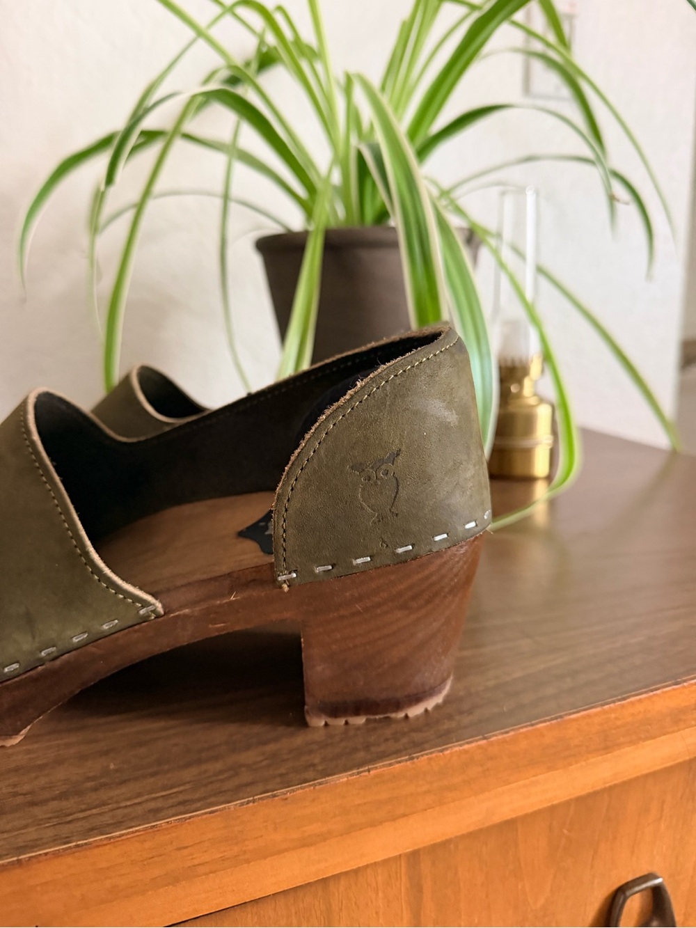 Olive Green Leather Clog Mules with Wooden Heel - Picture 7 of 8